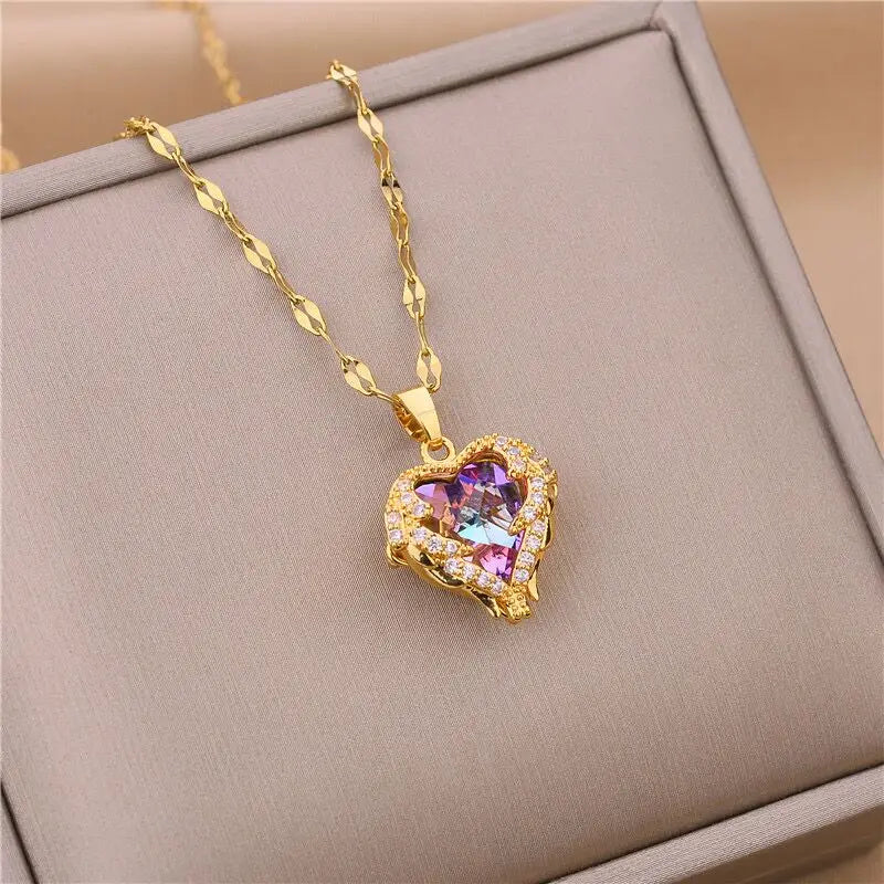 DivyaBlush Colorful Crystal Ocean Heart Pendant Necklace