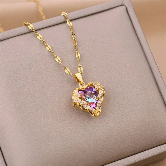 DivyaBlush Colorful Crystal Ocean Heart Pendant Necklace