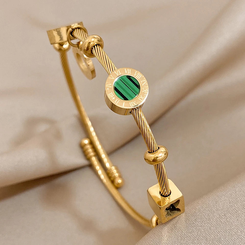 DivyaBlush Majestic Malachite Roman Stainless-Steel Gold  Bangle